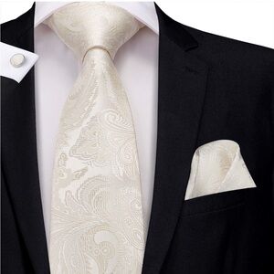 Cream Paisley Men's Tie and Pocket Square Set